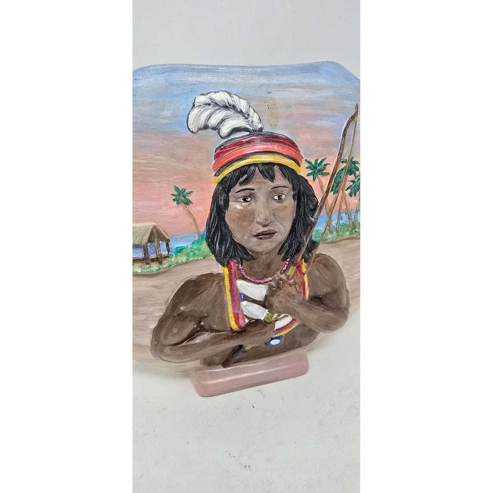 Hand painted ceramic portrait vase tropical sunset Indigenous art pottery pink